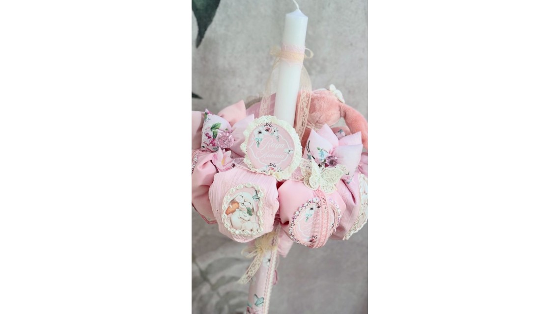 Lumanare de botez cu iepuras roz si pattern floral Happy Bunny 1